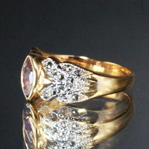 Contemporary Sterling Silver Hallmarked CI Amethyst  Marcasites Two Tone Ring - Picture 2 of 7